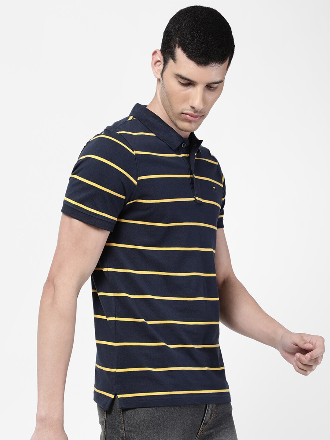 

Wrangler Men Blue & Yellow Striped Polo Collar Regular Fit Cotton T-shirt