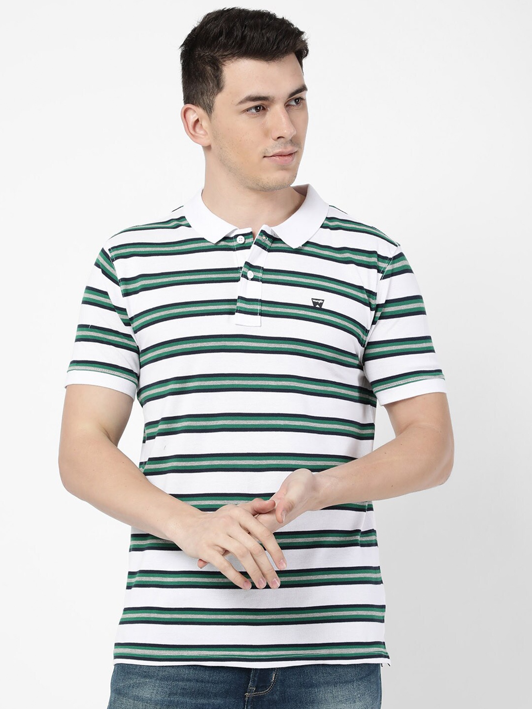 

Wrangler Men White & Green Striped Polo Collar T-shirt