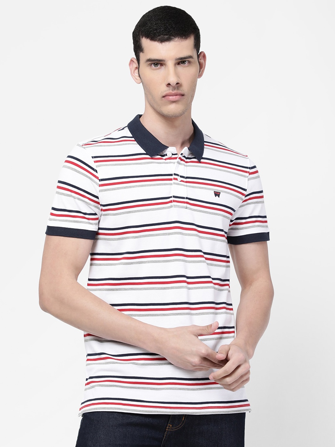 

Wrangler Men White & Grey Striped Polo Collar Cotton T-shirt