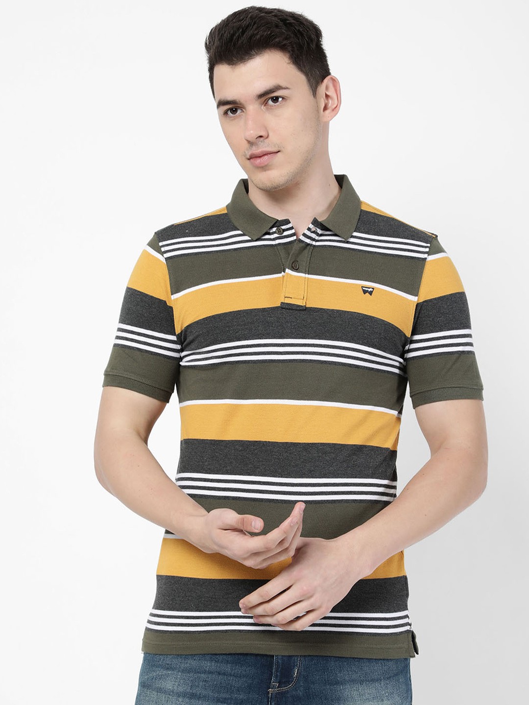 

Wrangler Men Green Striped Polo Collar Regular Fit Cotton T-shirt
