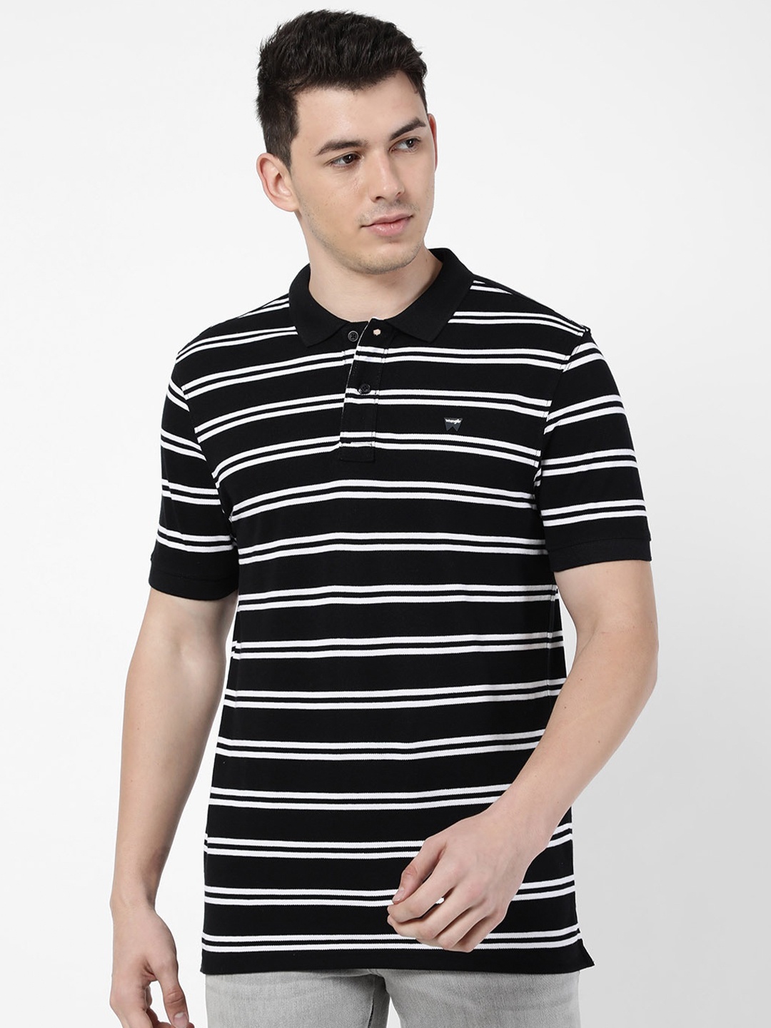 

Wrangler Men Black & White Striped Polo Collar T-shirt