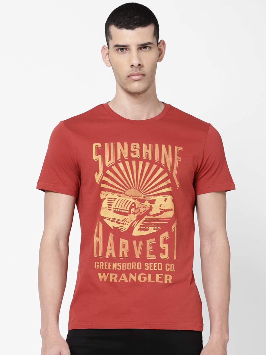 

Wrangler Men Red & Yellow Typography Printed T-shirt