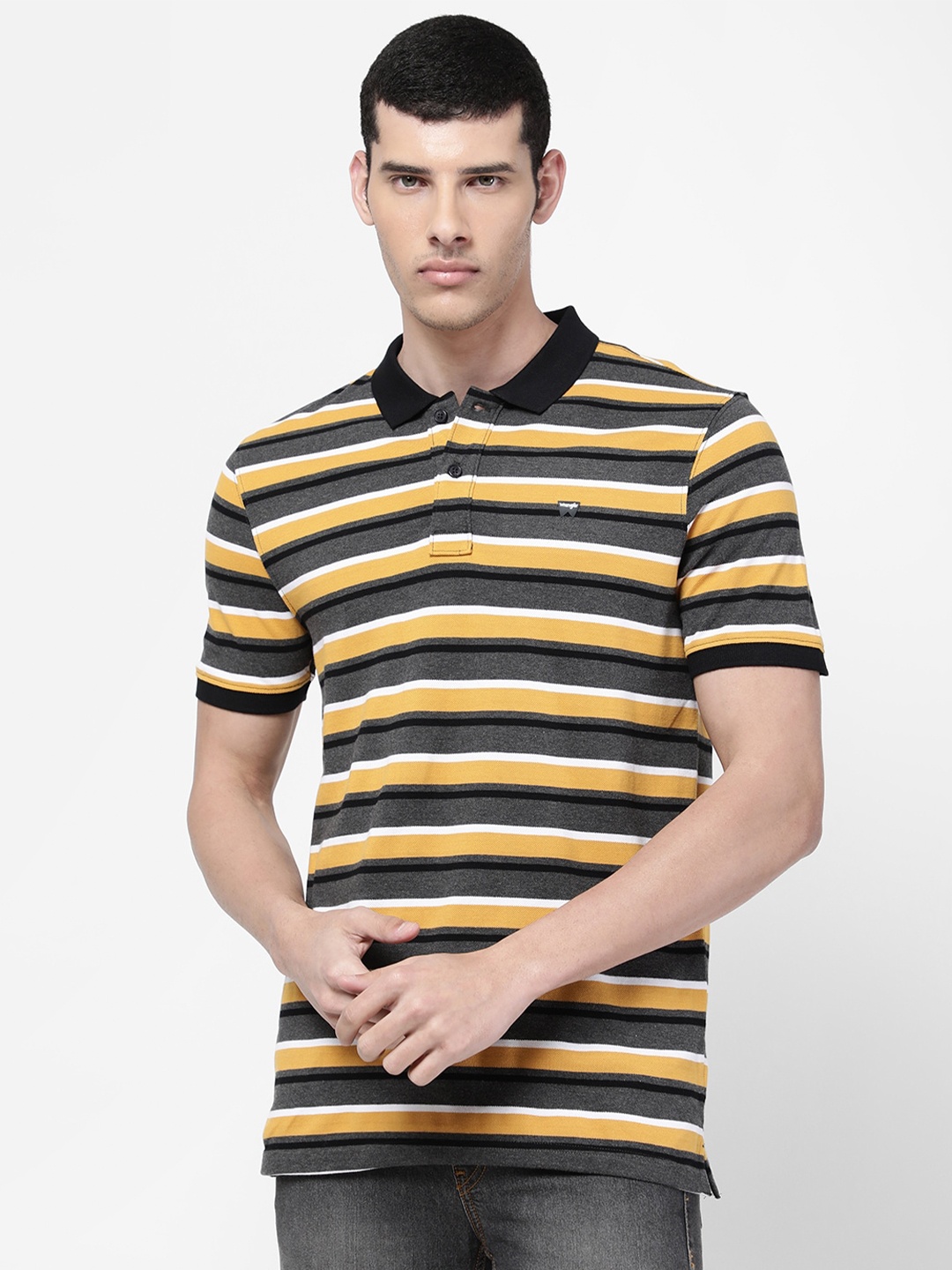 

Wrangler Men Black & Yellow Striped Polo Collar Regular Fit Cotton T-shirt