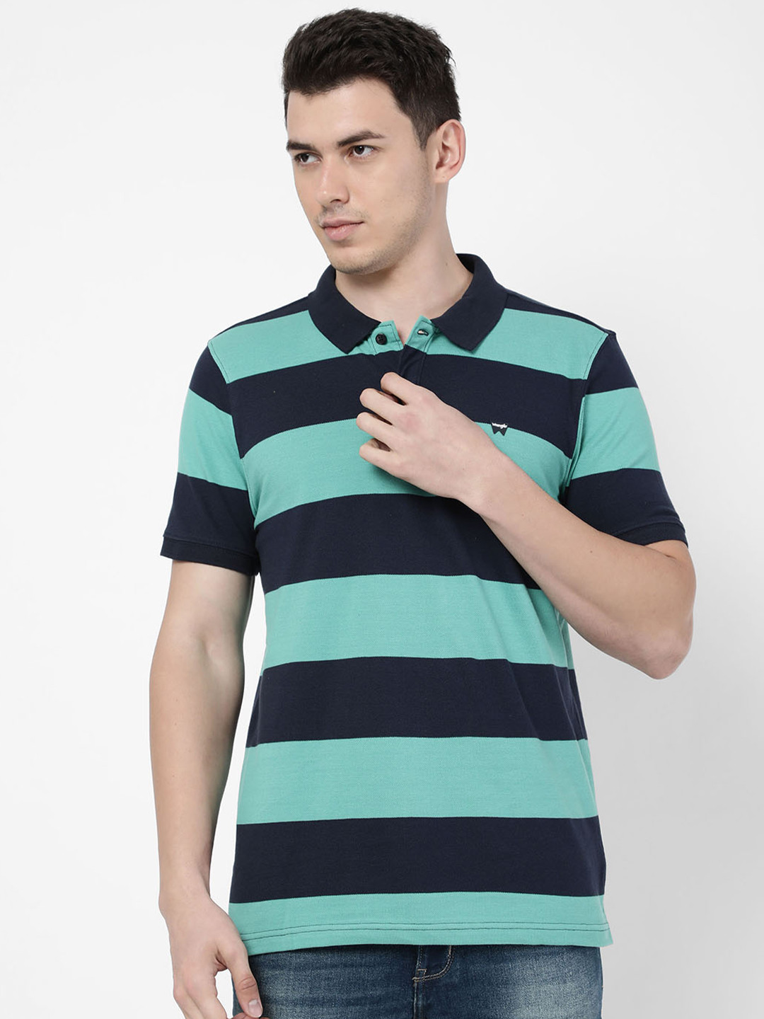 

Wrangler Men Green & Navy Blue Striped Polo Collar Regular Fit Cotton T-shirt
