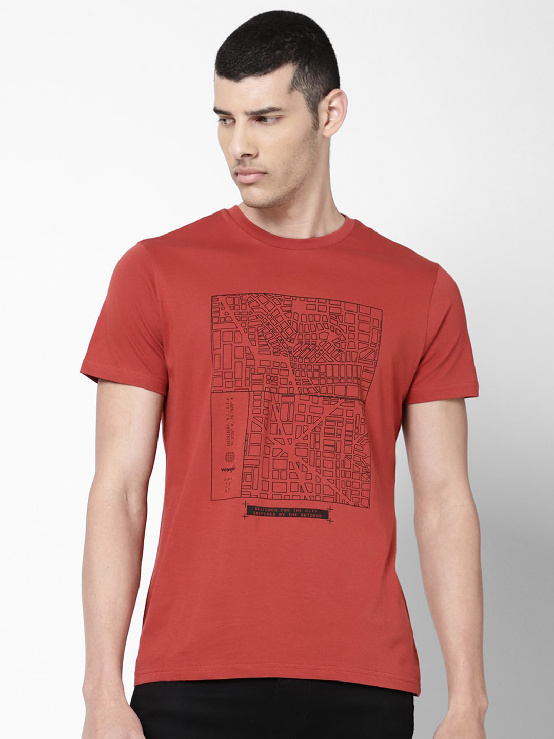 

Wrangler Men Red Printed Regular Fit Cotton T-shirt