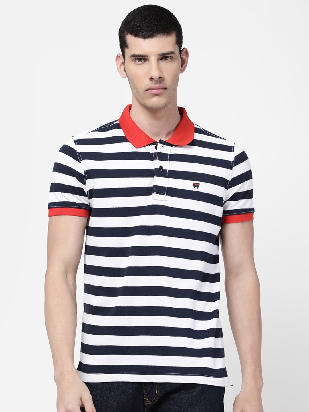 

Wrangler Men Blue & White Striped Polo Collar T-shirt