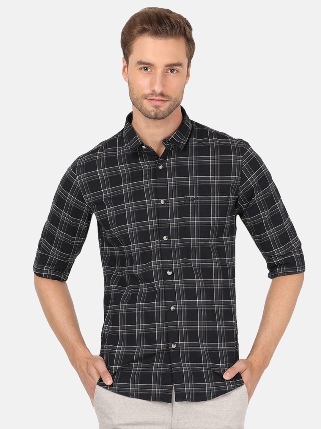 

Crocodile Men Black & Grey Classic Slim Fit Tartan Checked Casual Shirt