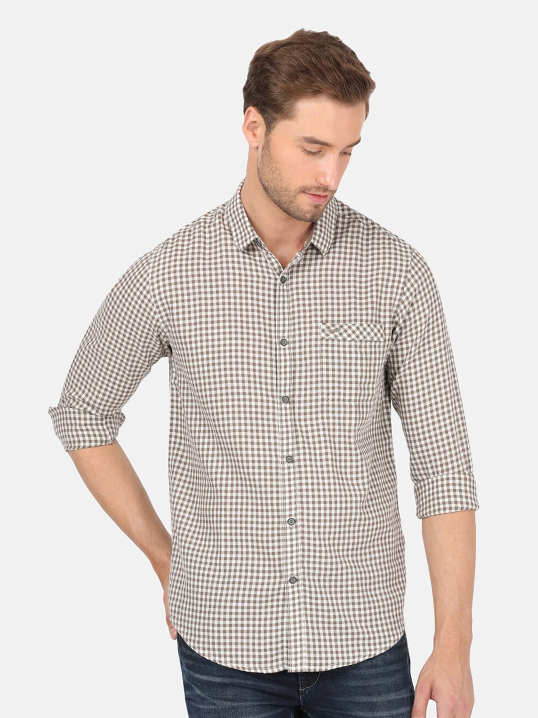 

Crocodile Men Khaki & White Classic Gingham Checked Casual Shirt