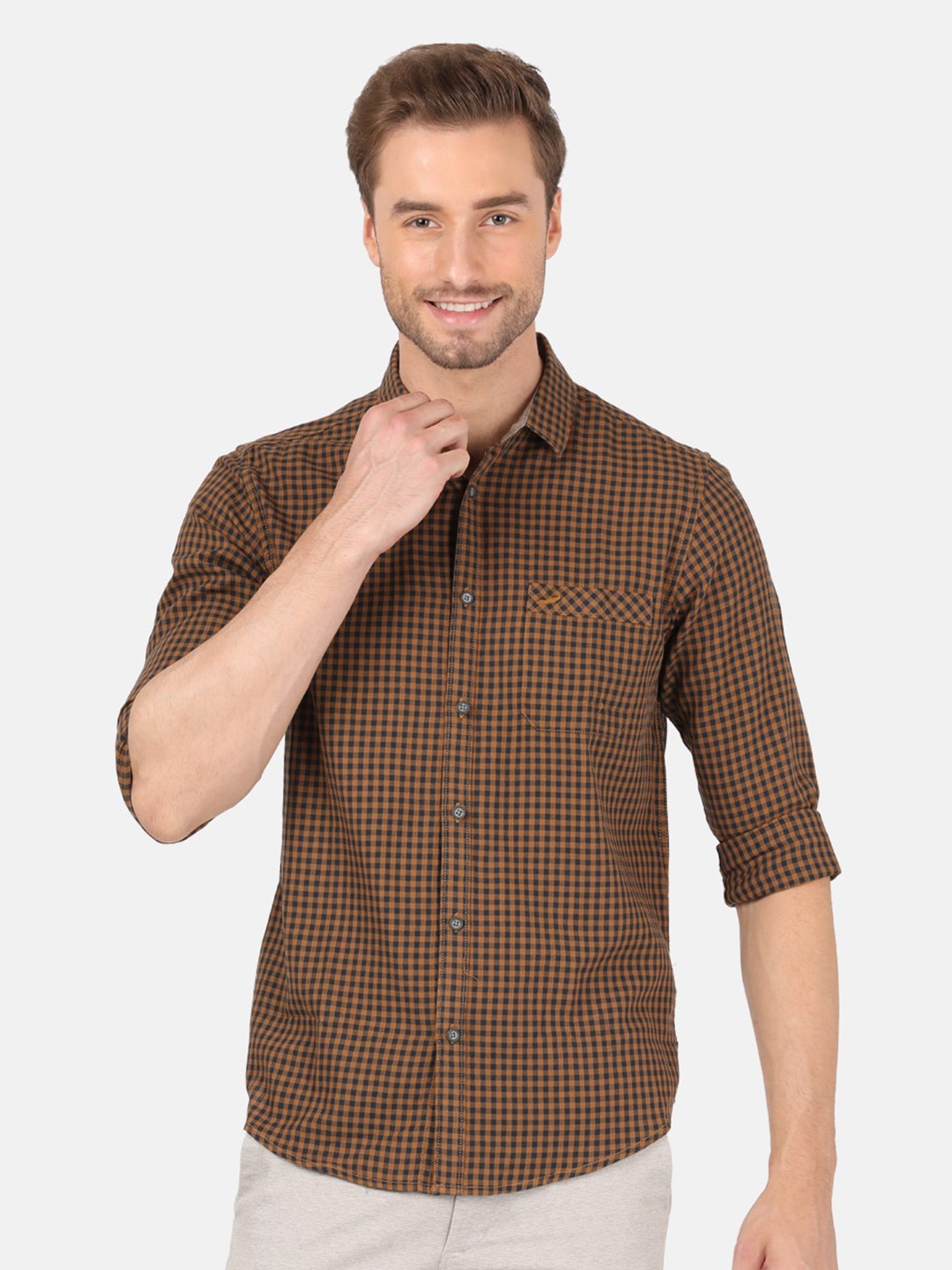 

Crocodile Men Brown Classic Checked Cotton Casual Shirt