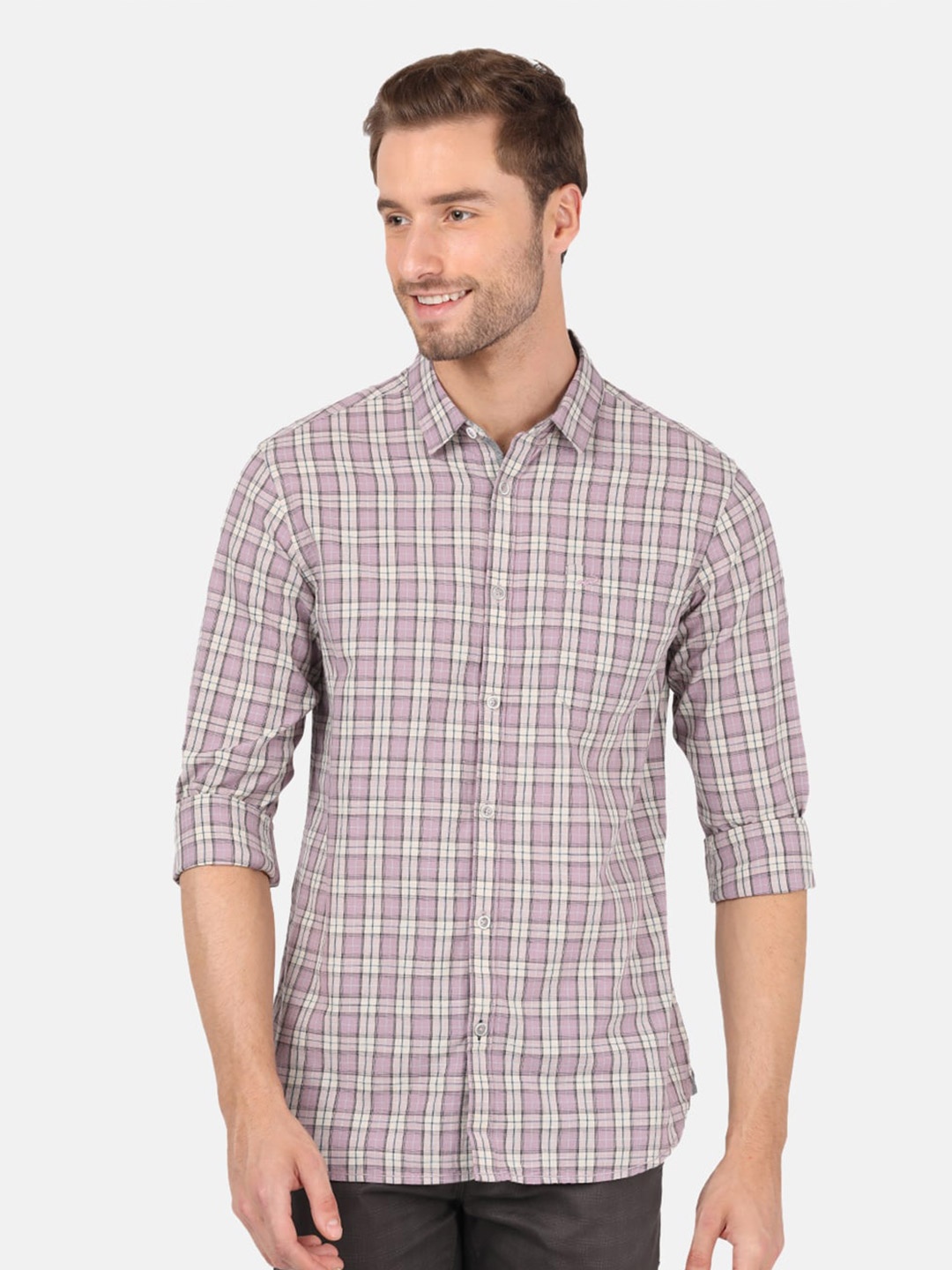 

Crocodile Men Purple & White Classic Tartan Checked Casual Shirt