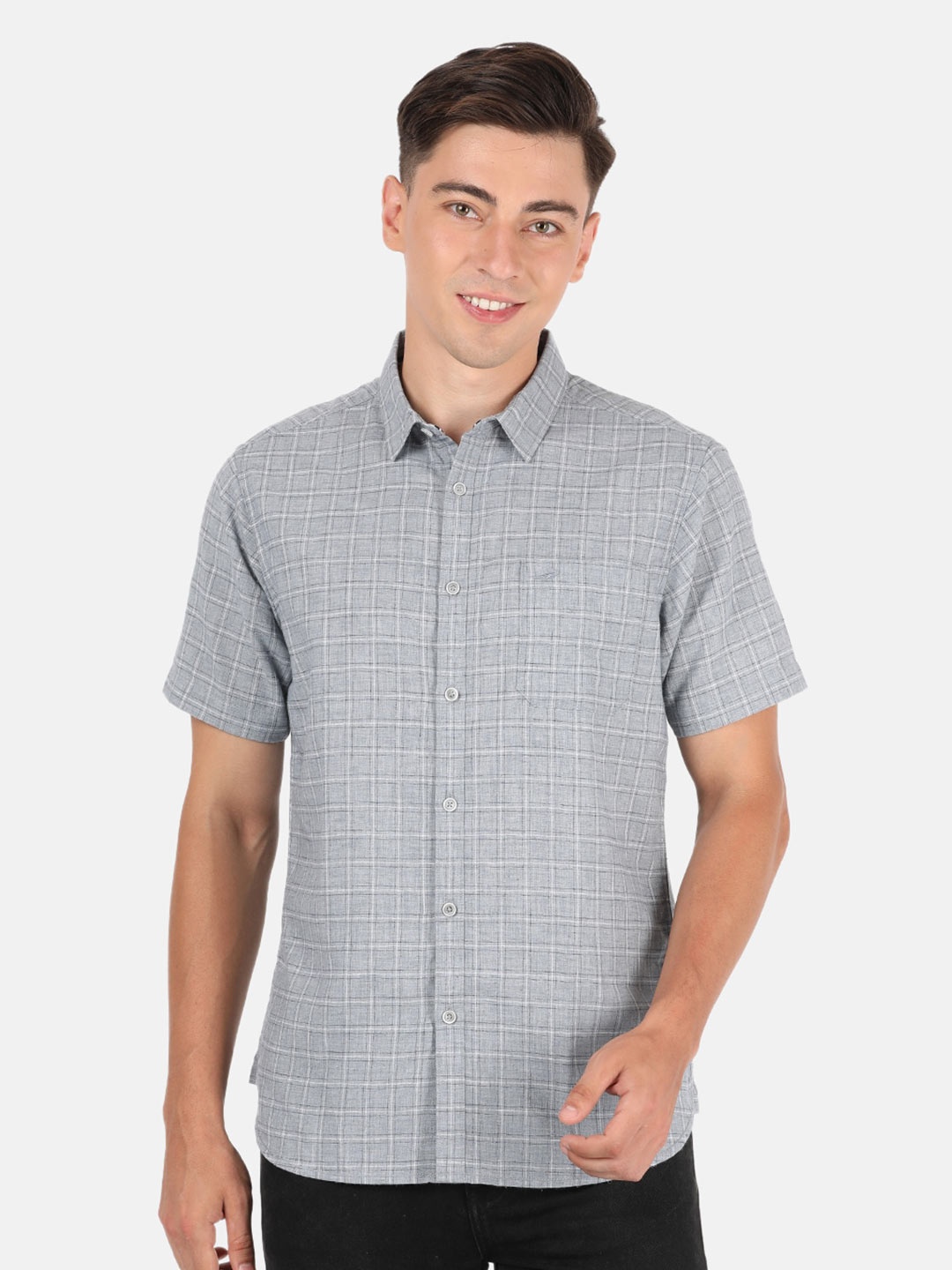 

Crocodile Men Grey Classic Grid Tattersall Checks Checked Cotton Casual Shirt