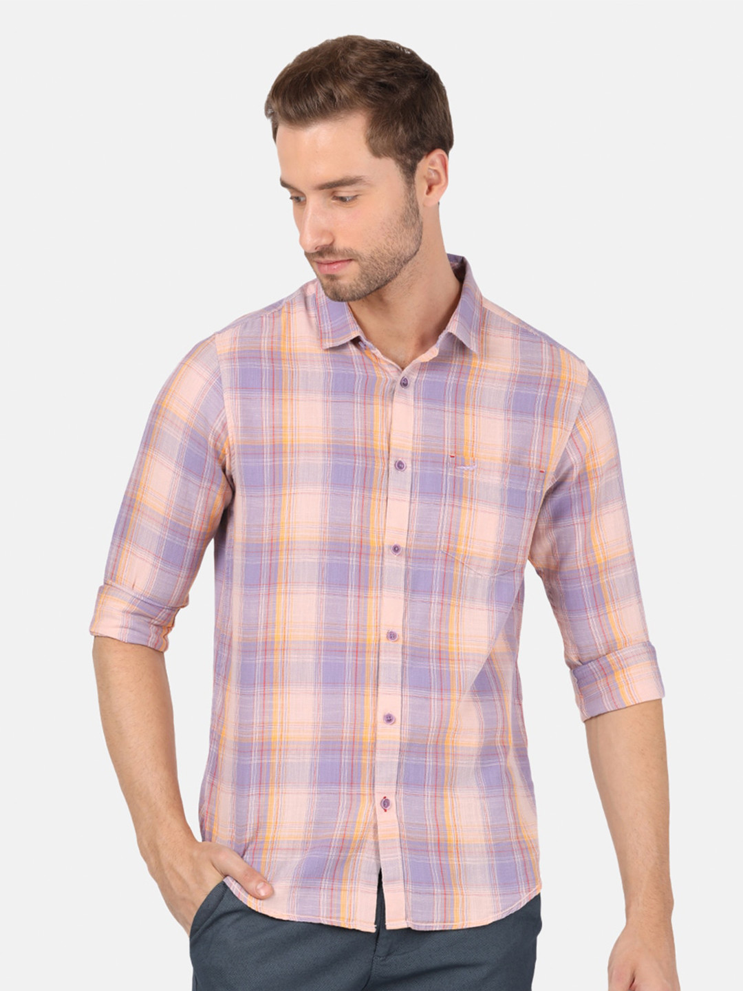 

Crocodile Men Orange & Lavender Classic Tartan Checked Casual Shirt