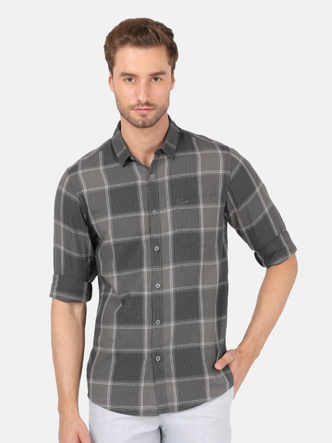 

Crocodile Men Grey Classic Checked Cotton Casual Shirt