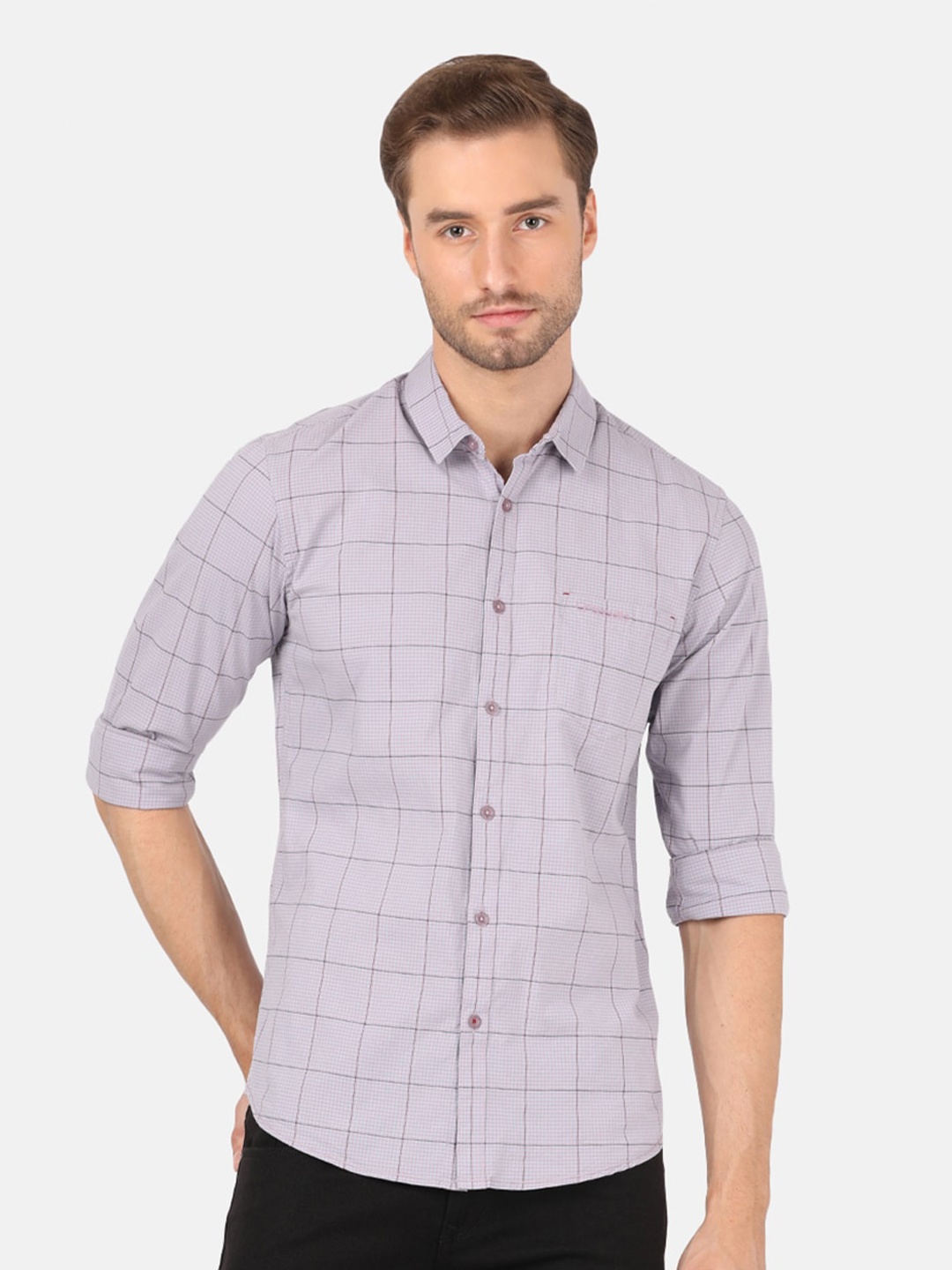 

Crocodile Men Lavender Classic Slim Fit Windowpane Checked Casual Shirt