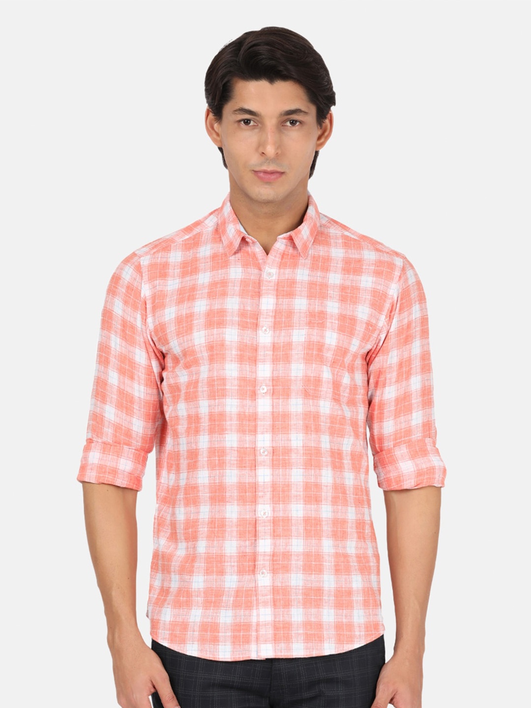 

Crocodile Men Orange Classic Gingham Checks Checked Cotton Casual Shirt