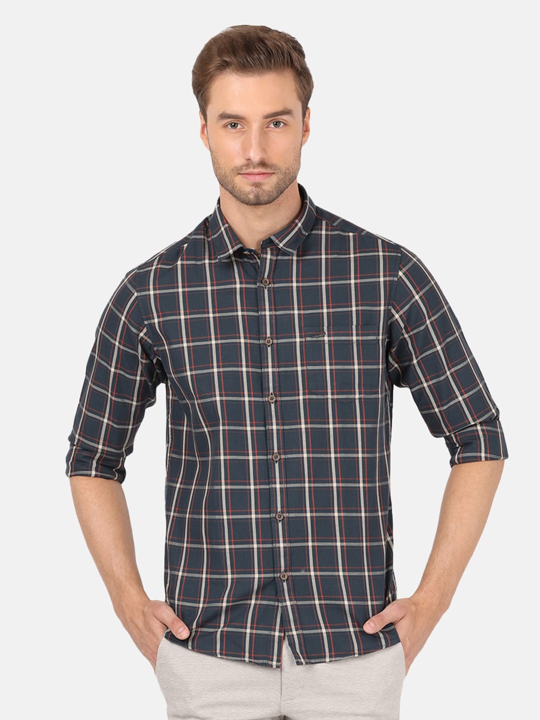 

Crocodile Men Navy Blue Classic Checked Cotton Casual Shirt
