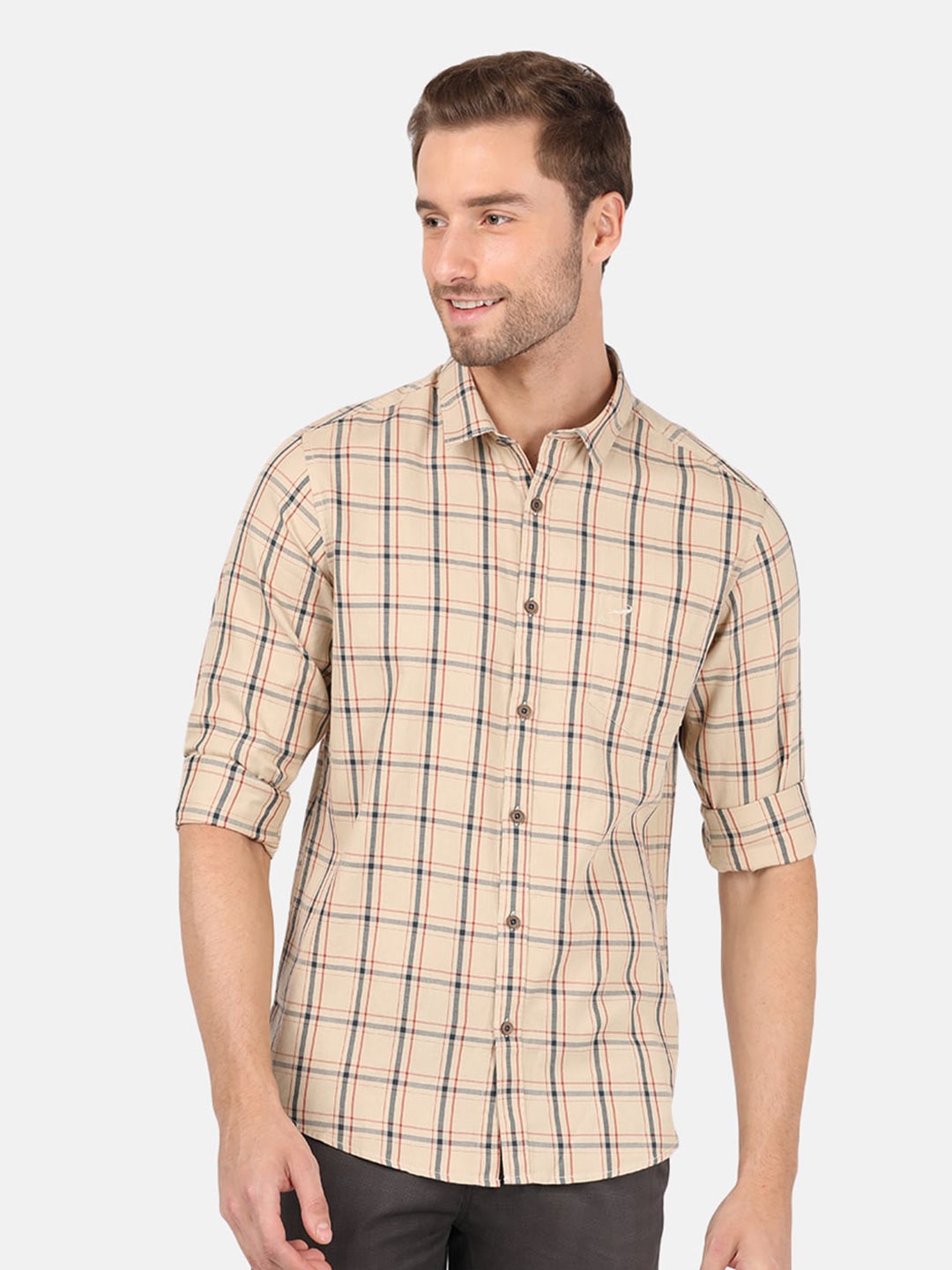 

Crocodile Men Beige Classic Windowpane Checks Checked Cotton Casual Shirt
