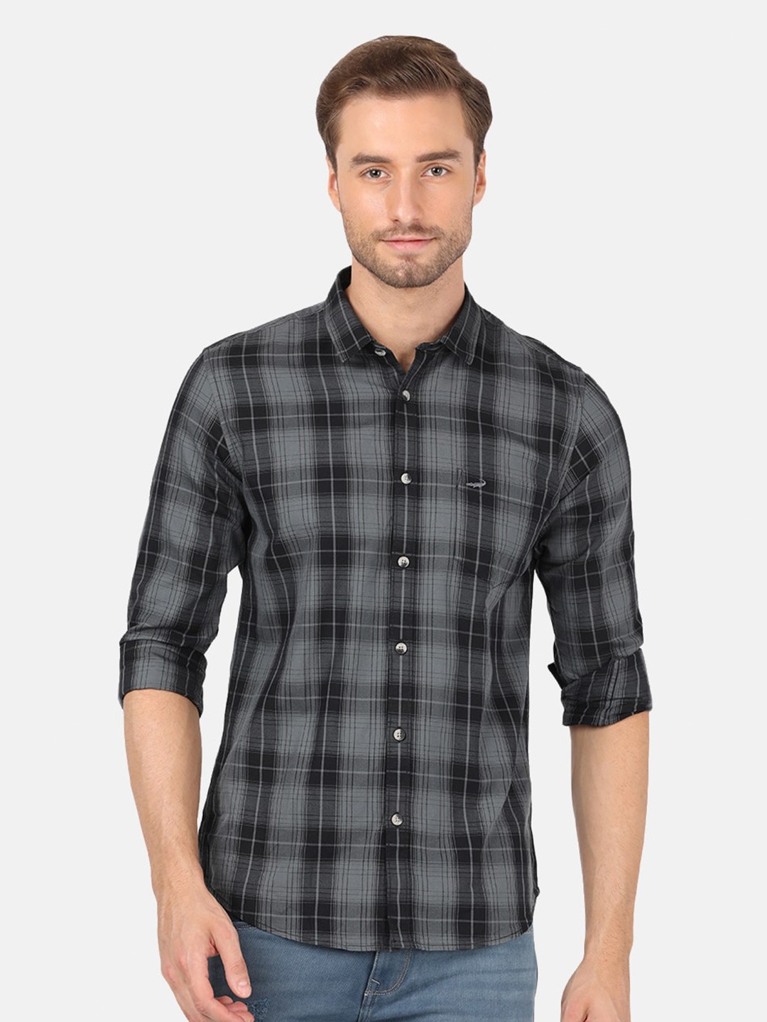 

Crocodile Men Navy Blue Classic Slim Fit Checked Cotton Casual Shirt