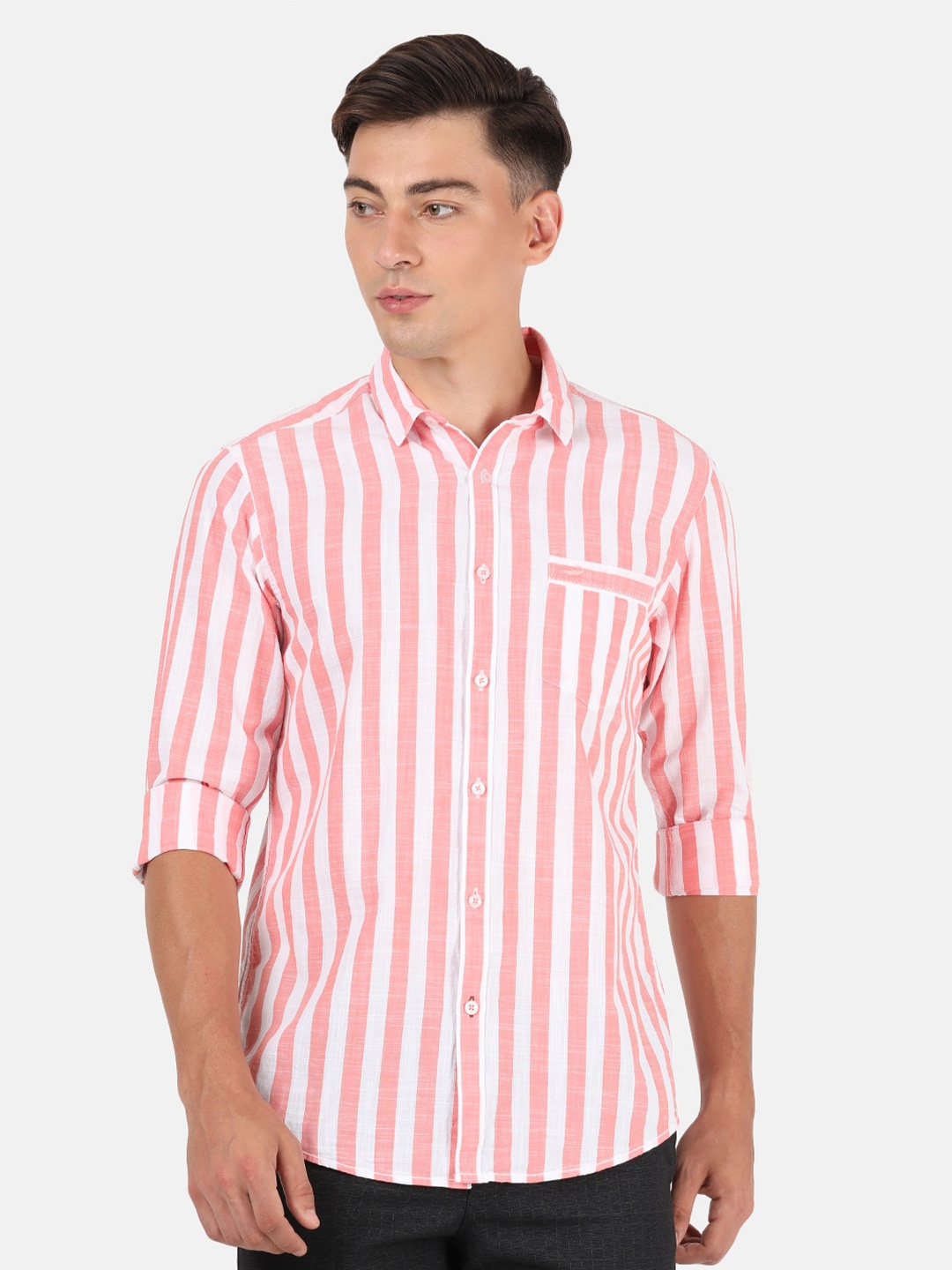 

Crocodile Men Coral & White Classic Striped Casual Shirt