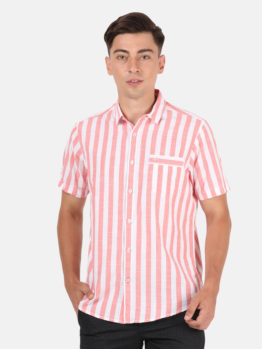 

Crocodile Men Pink Classic Striped Cotton Casual Shirt