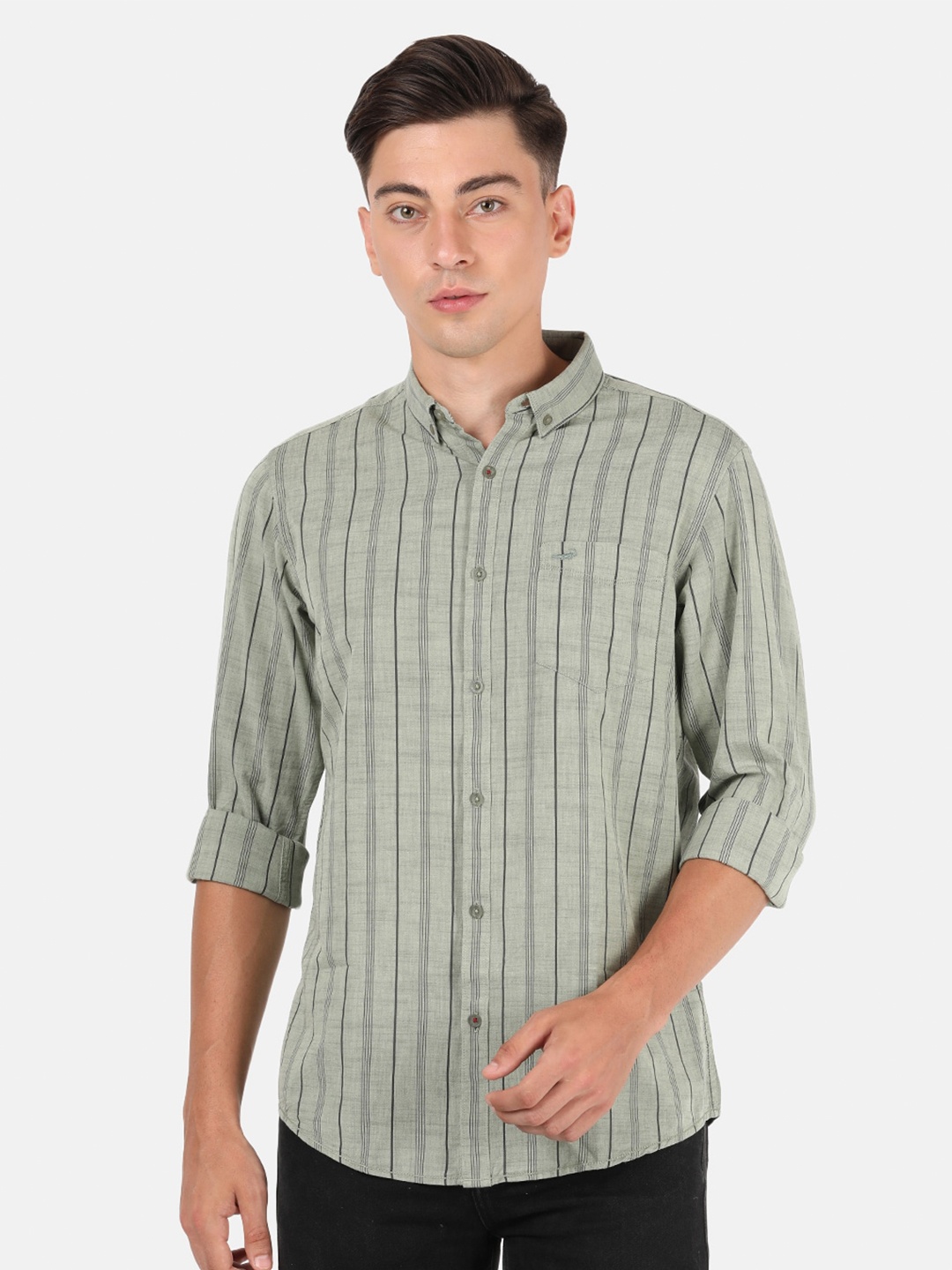

Crocodile Men Green Classic Striped Cotton Casual Shirt