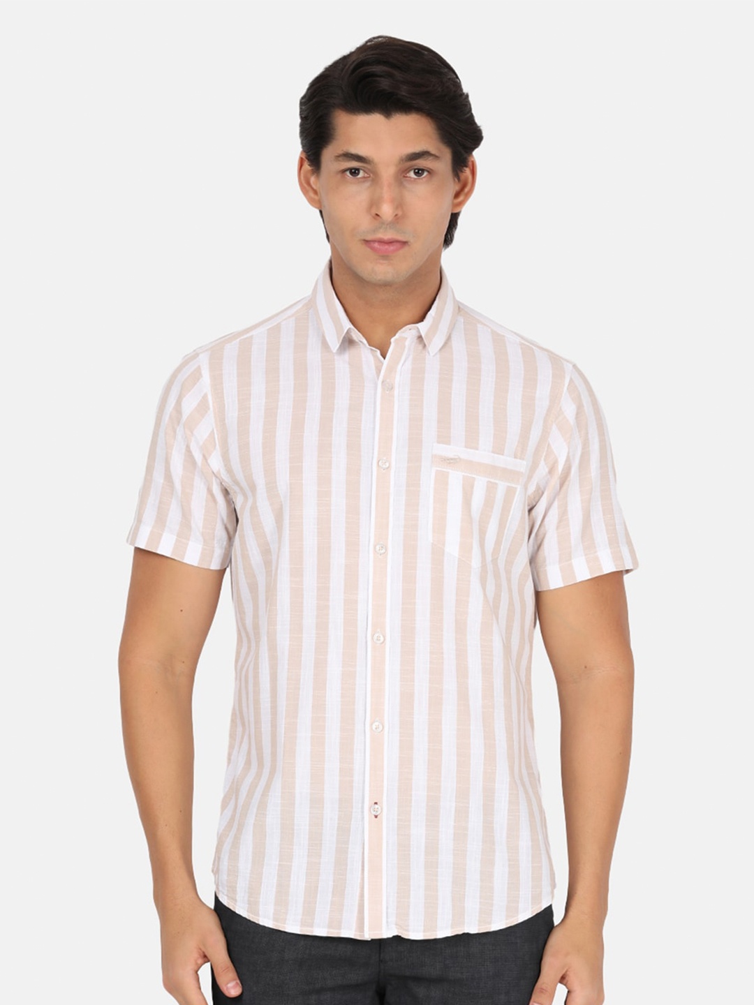 

Crocodile Men Pink Classic Striped Cotton Casual Shirt