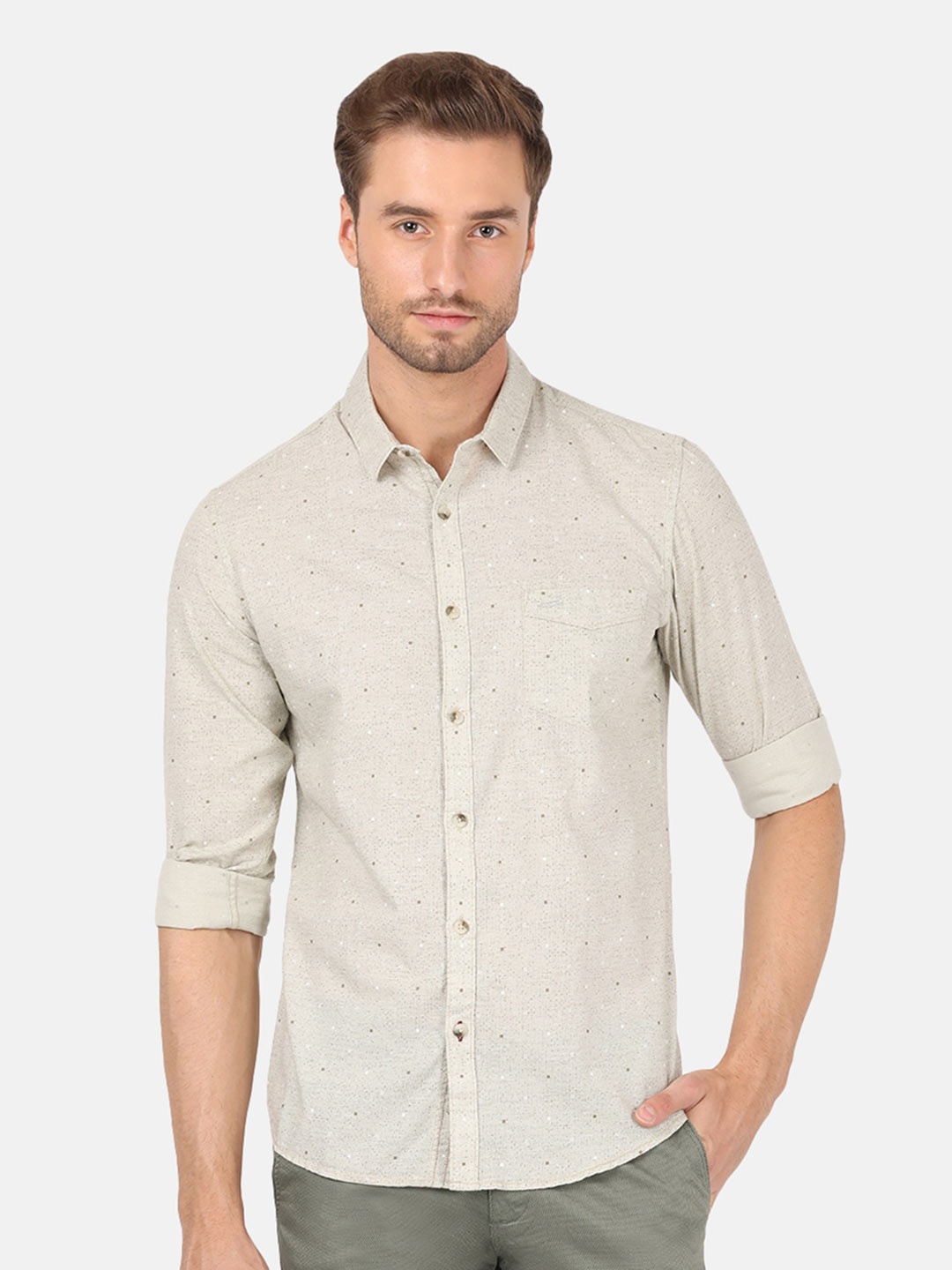 

Crocodile Men Beige Classic Slim Fit Printed Casual Shirt