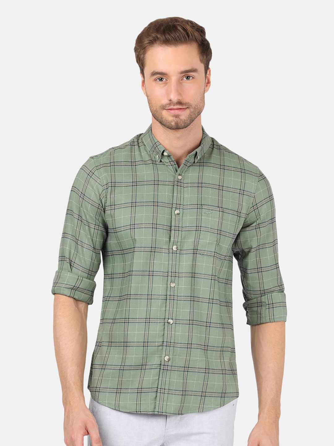 

Crocodile Men Green Classic Slim Fit Checked Cotton Casual Shirt