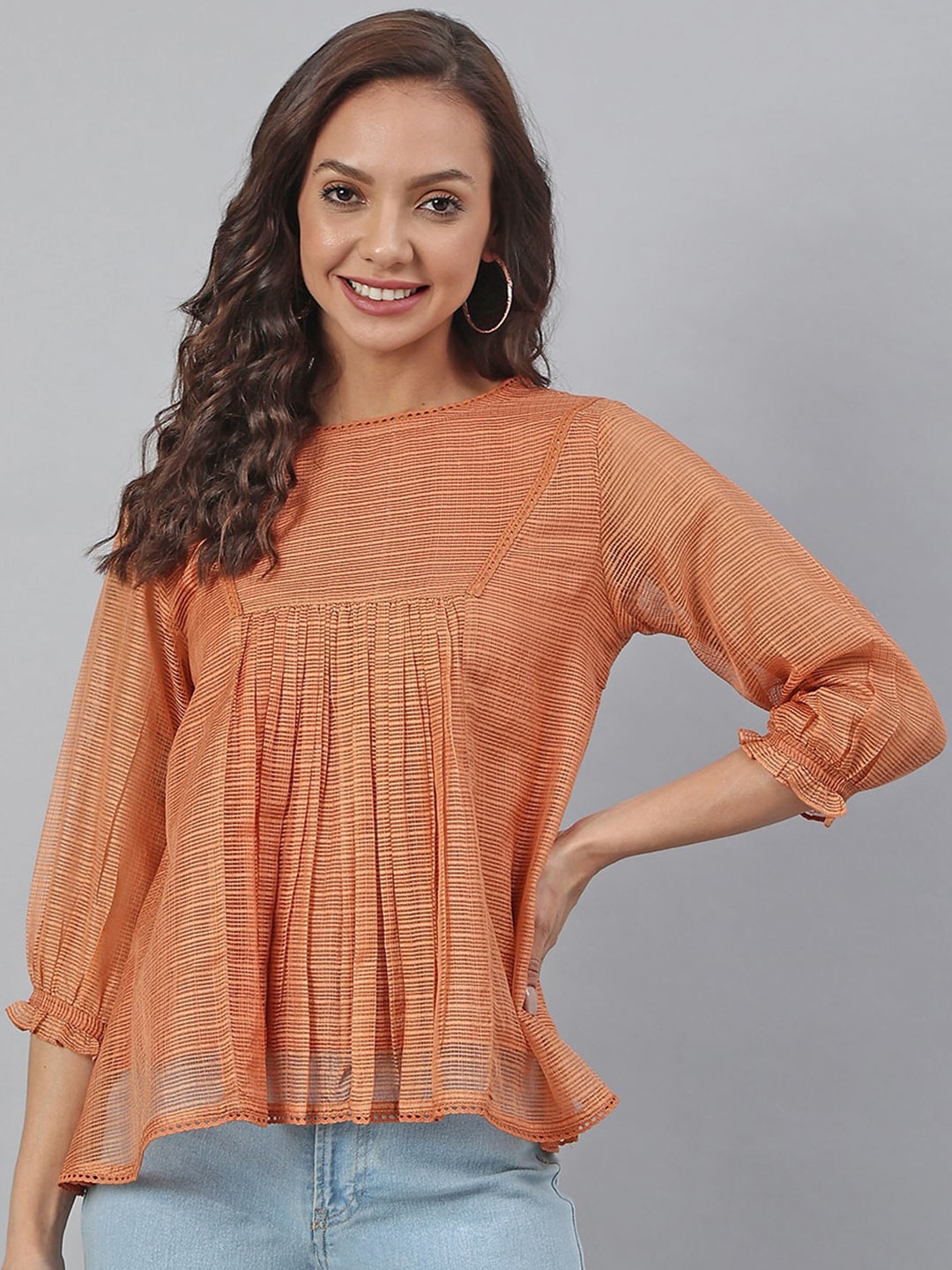 

Janasya Women Rust Kota Doria Embellished Panelled Top