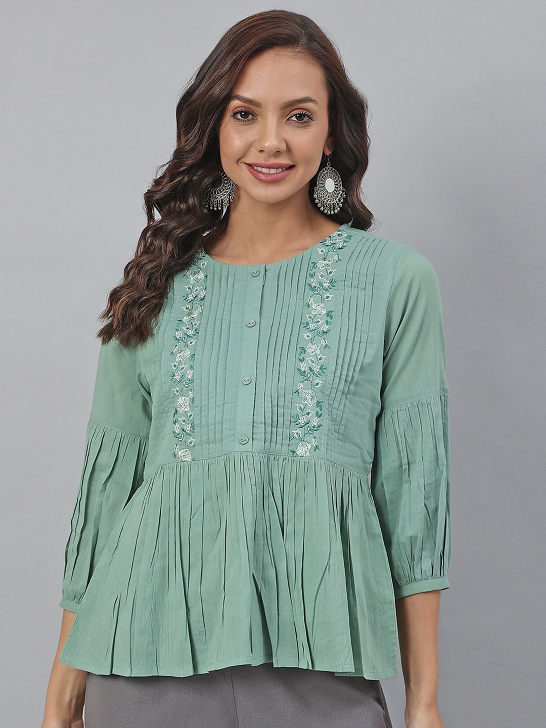 

Janasya Women Sea Green Cotton Embroidered A-Line Top
