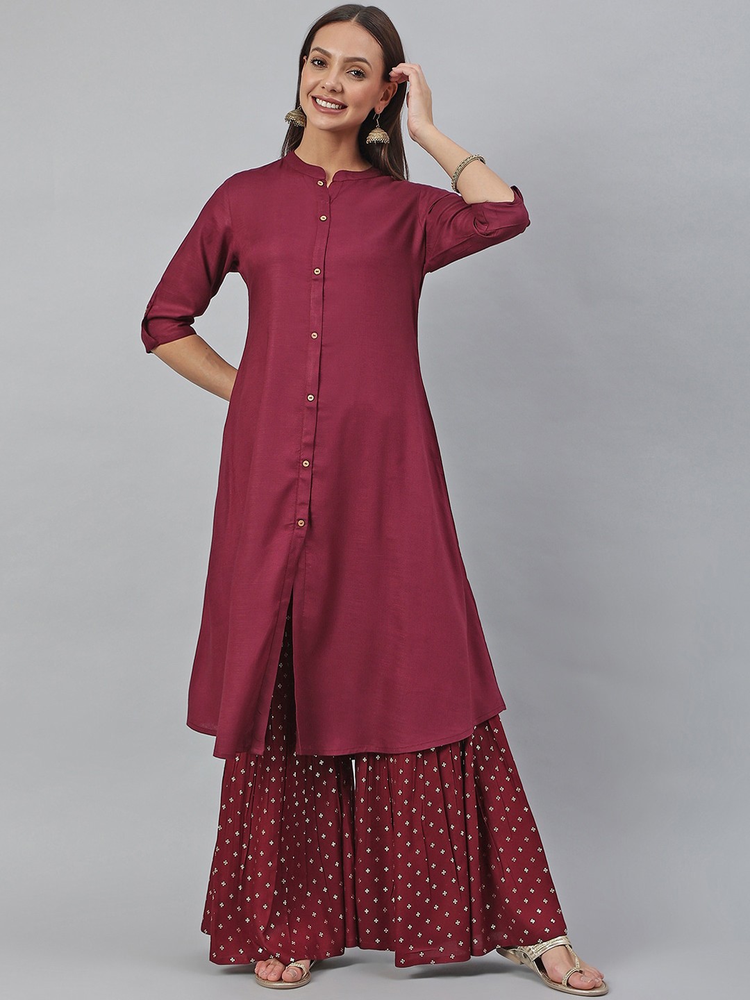 

Janasya Women Burgundy Rayon Slub Solid Shirt Style Kurta