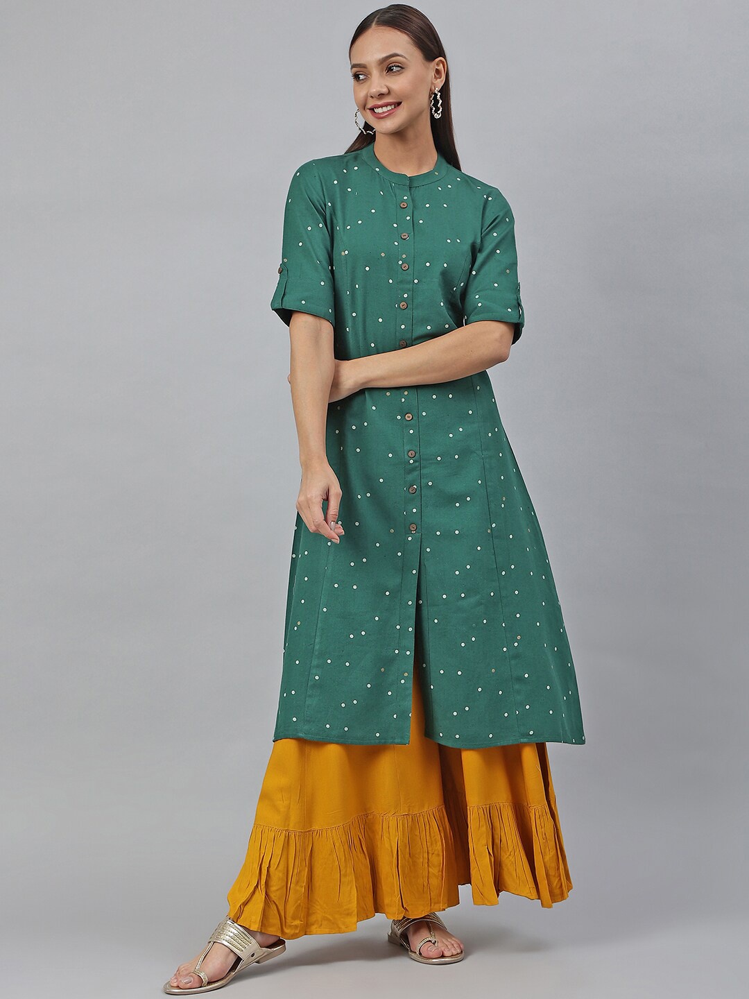

Janasya Women Green Cotton Flex Geometric Print A-line Kurta