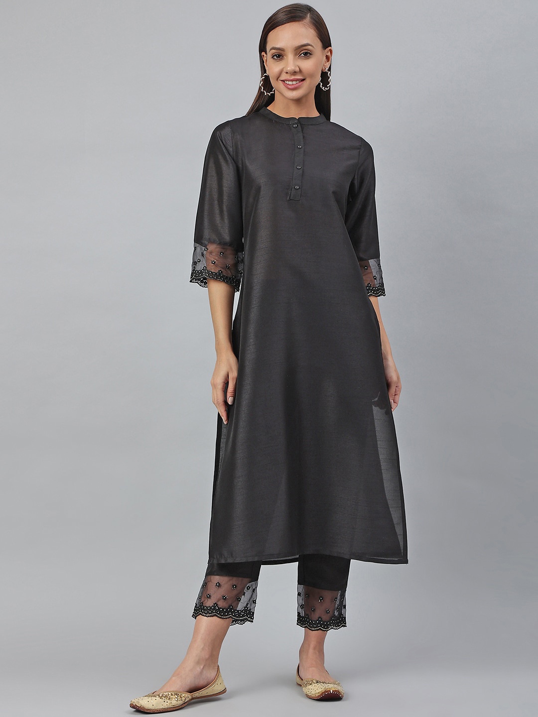 

Janasya Women Black Poly Silk Solid Kurta with Pant