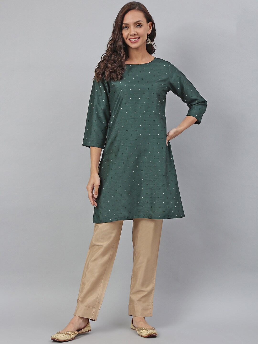 

Janasya Women Green Poly Silk Polka Dot Print Kurti with Pant