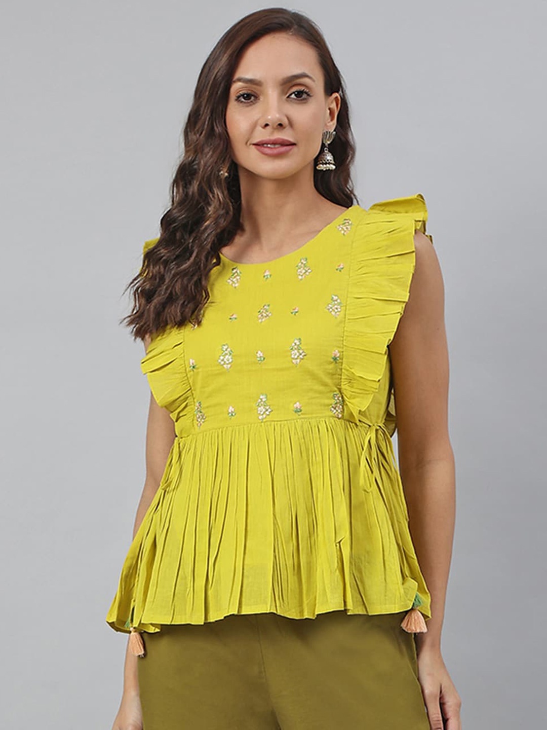 

Janasya Women Yellow Cotton Embroidered Peplum Top