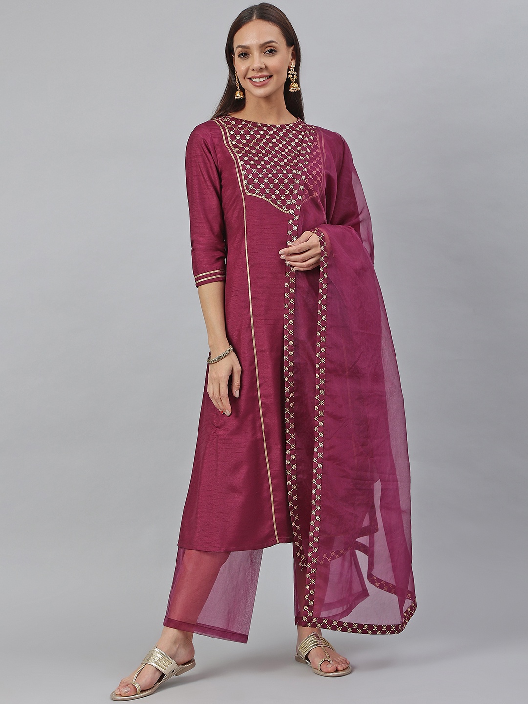 

Janasya Women Purple Yoke Design Kurta With Trousers & Dupatta
