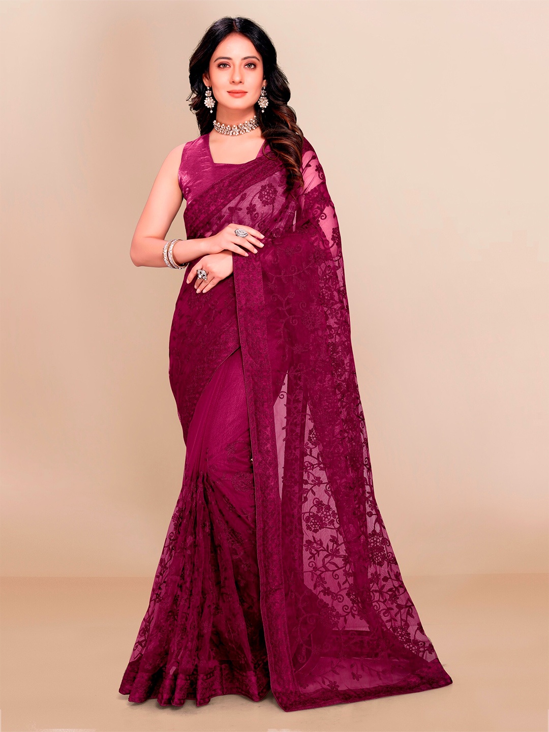 

VAIRAGEE Magenta Floral Embroidered Net Saree