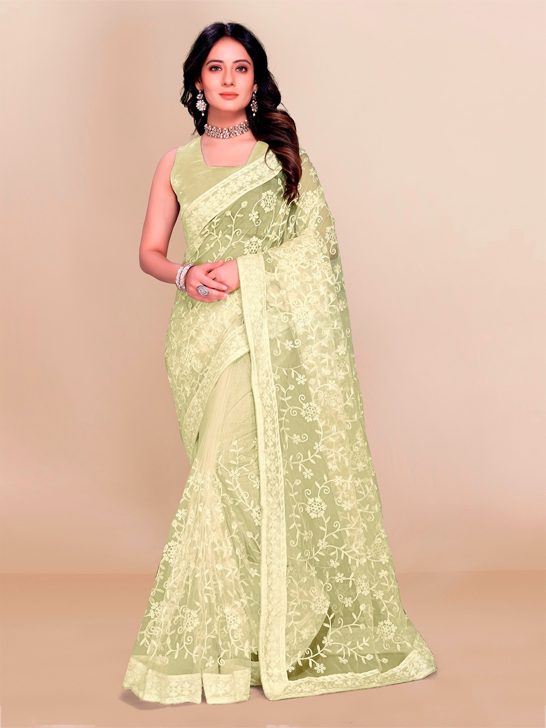 

VAIRAGEE Lime Green Floral Net Saree