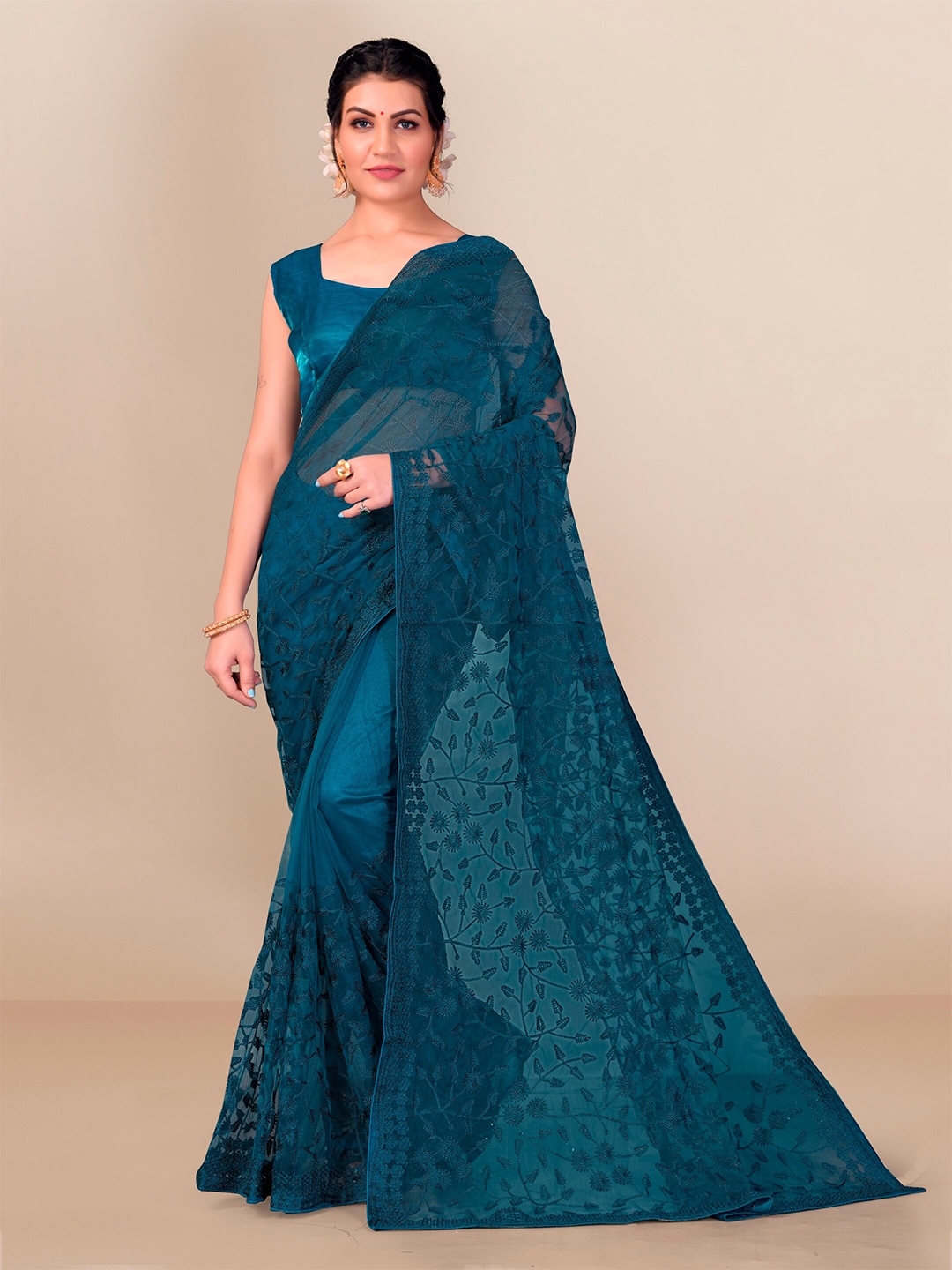 

VAIRAGEE Navy Blue Floral Embroidered Net Saree