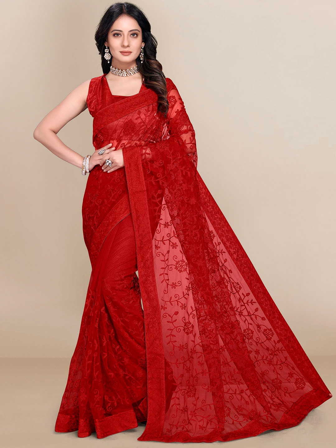 

VAIRAGEE Red Floral Embroidered Net Saree