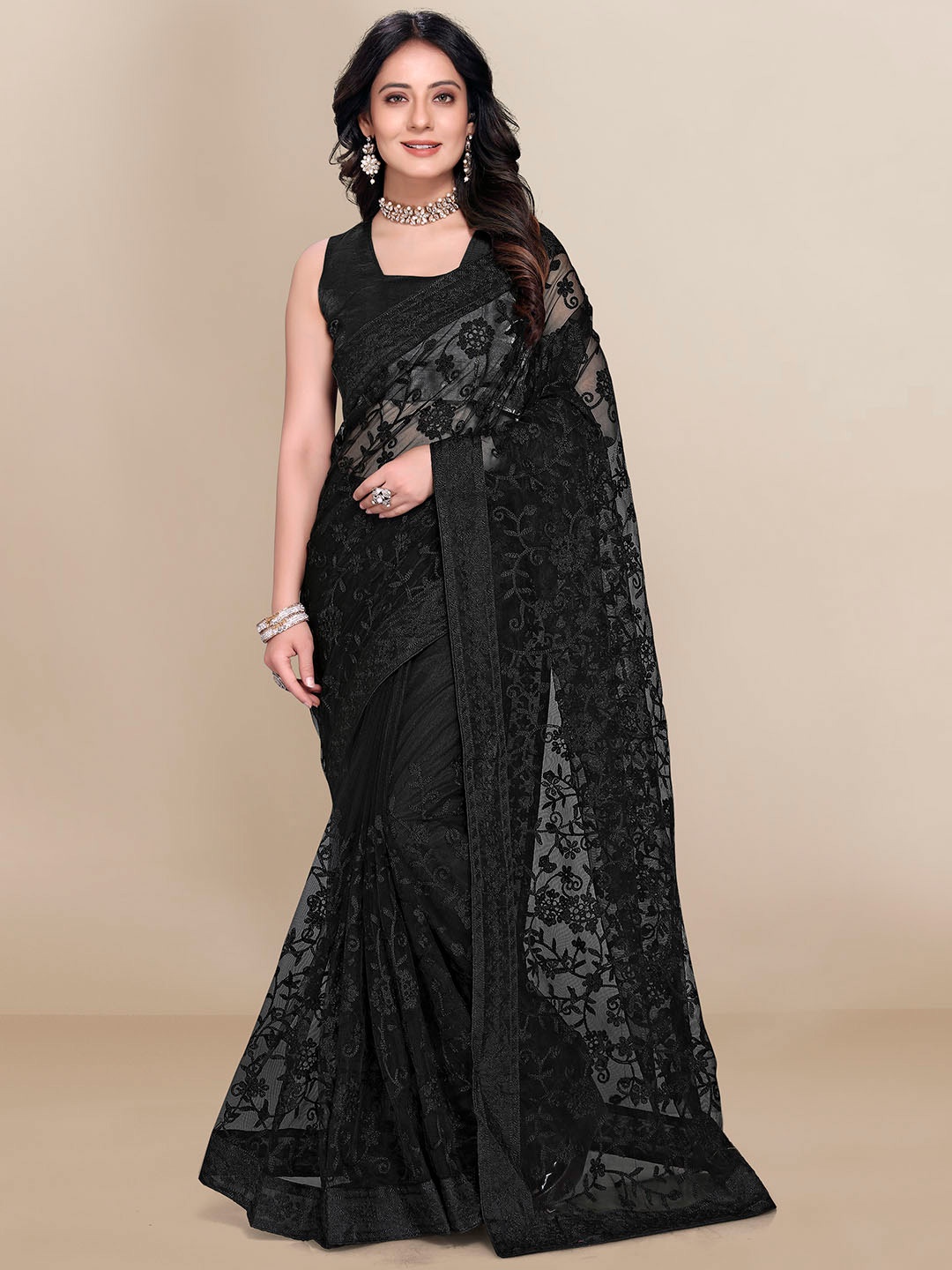 

VAIRAGEE Black Floral Embroidered Net Saree