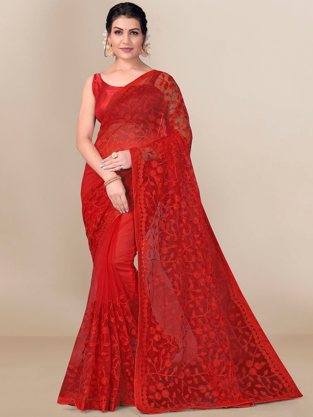 

VAIRAGEE Red Floral Embroidered Net Saree