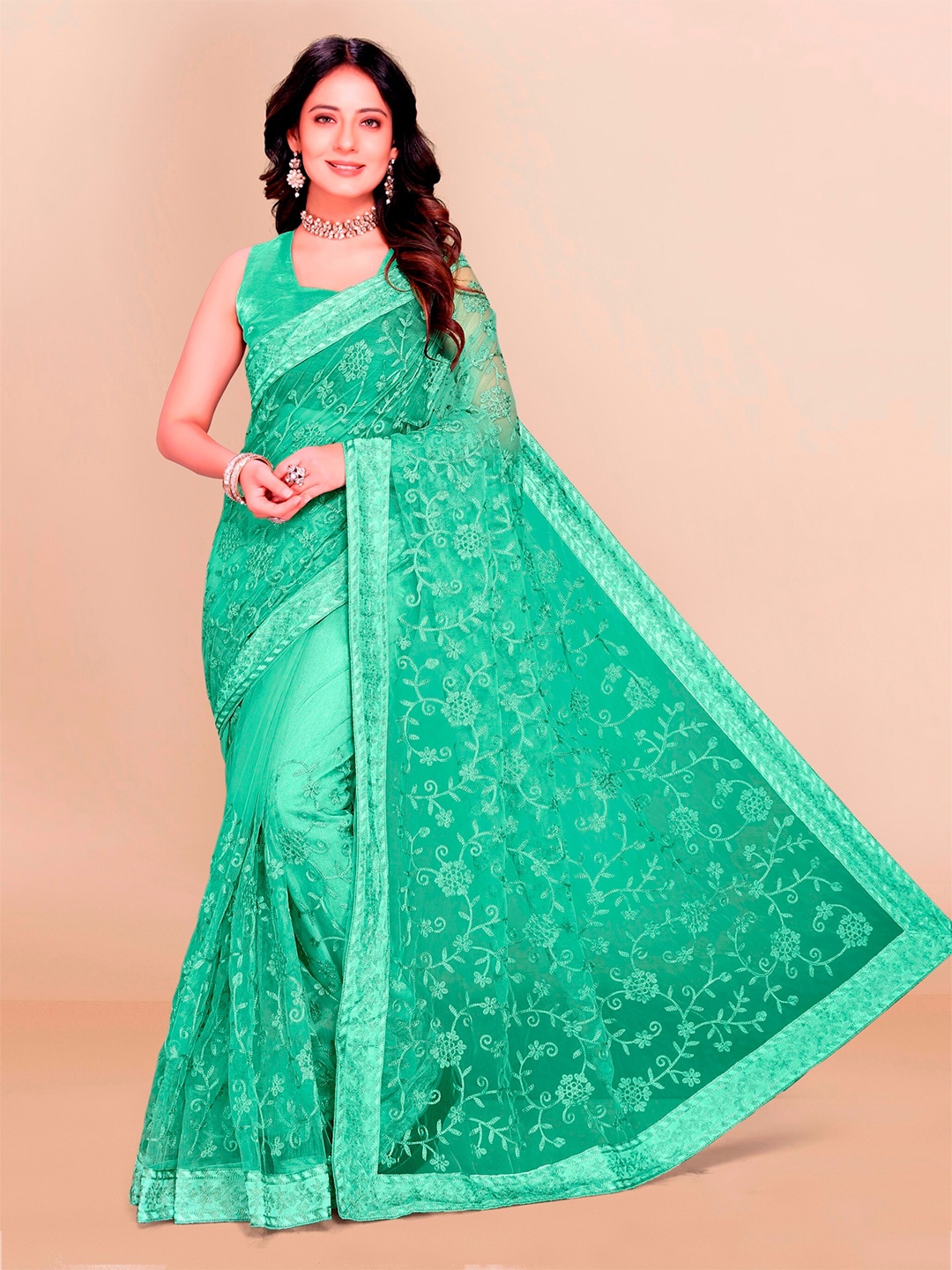 

VAIRAGEE Sea Green Floral Embroidered Net Saree
