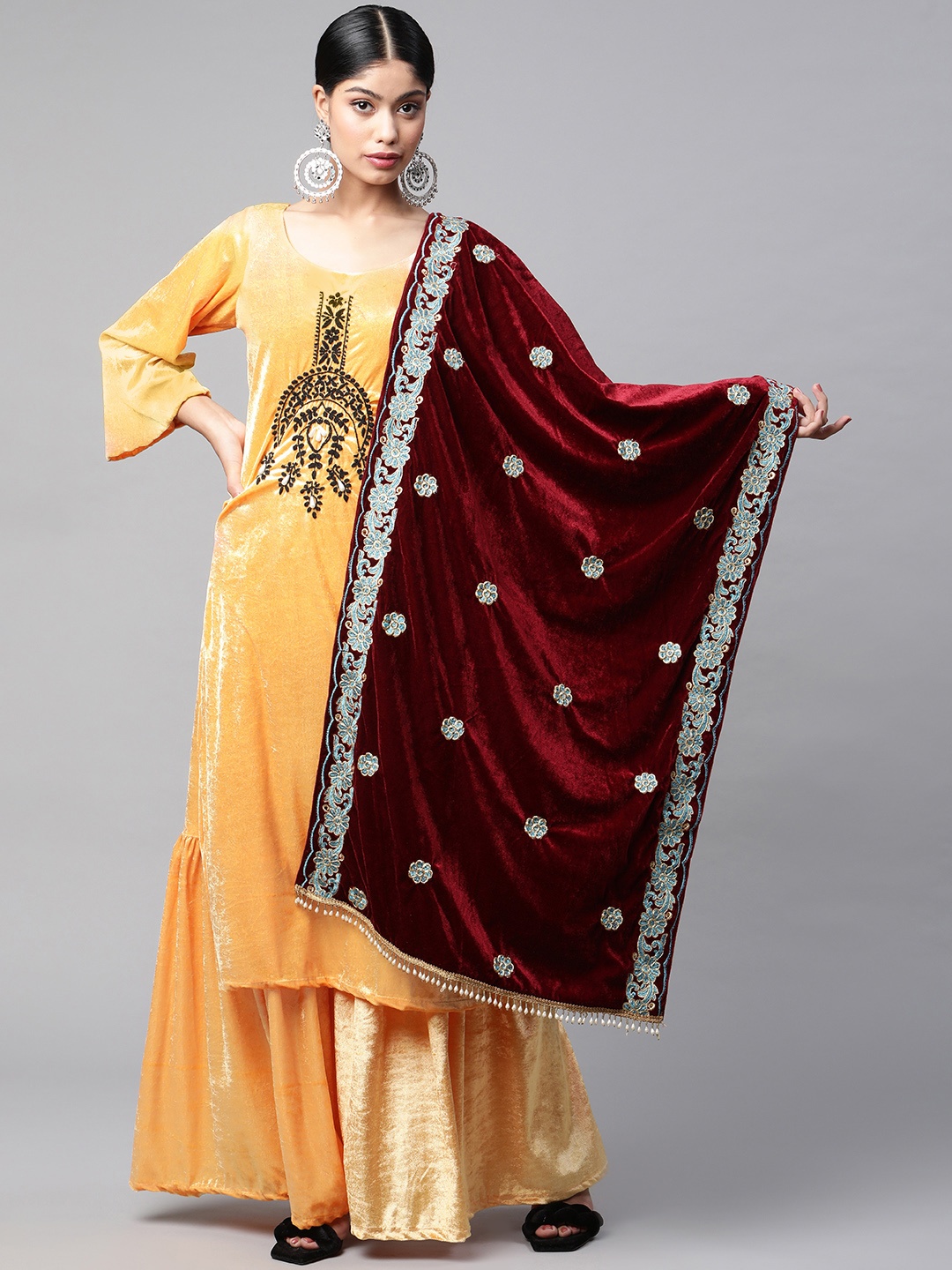 

SHADES Chikankari Velvet Dupatta with Thread Work, Maroon