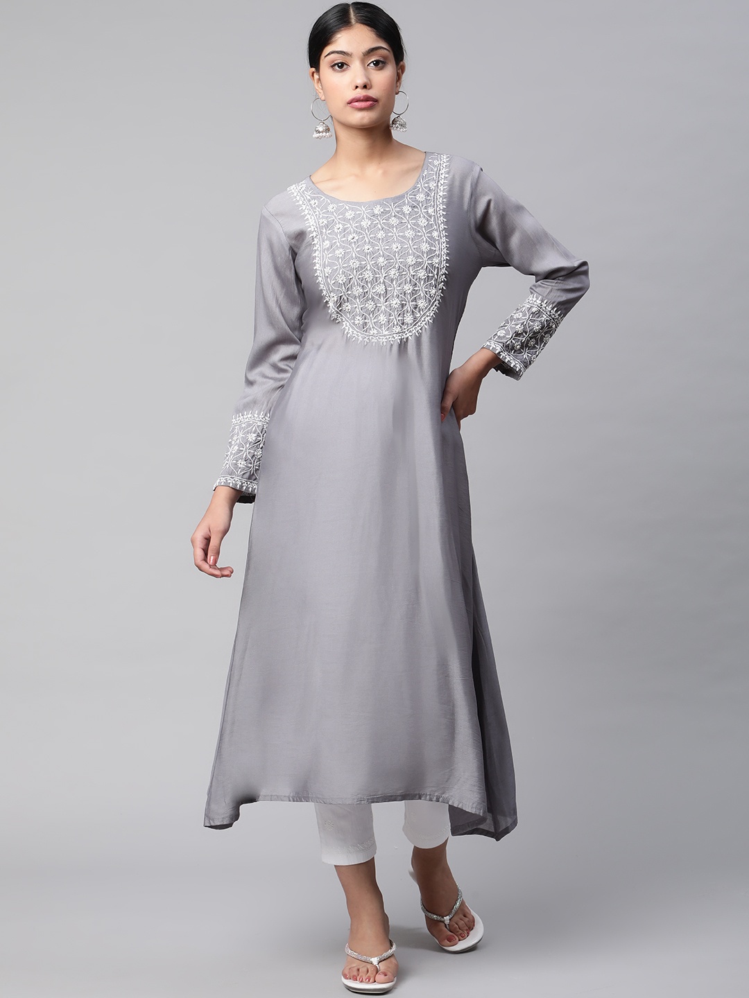 

SHADES OF FAASHION Floral Yoke Design Chikankari Work Chanderi Silk Kurta, Grey