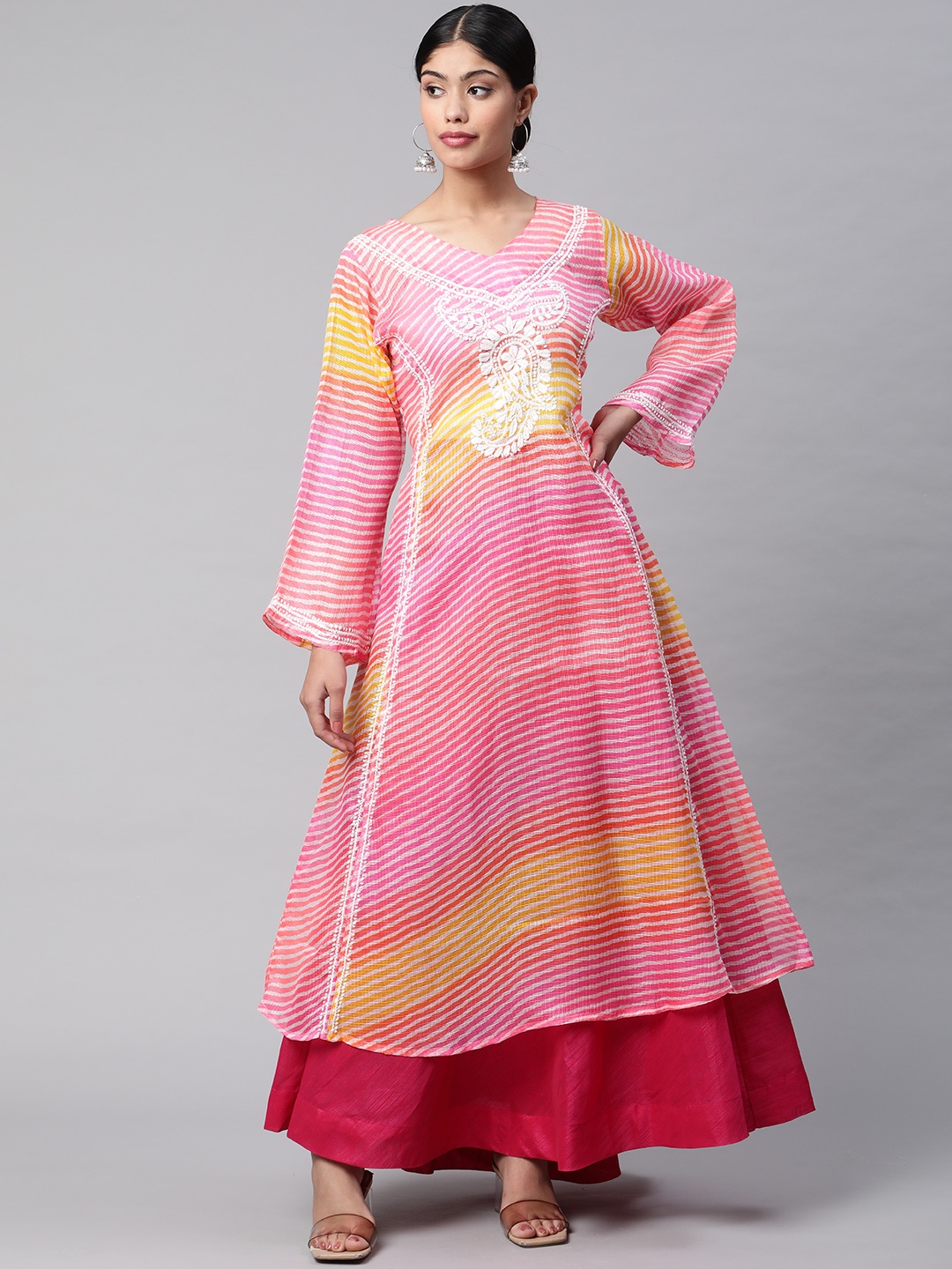 

SHADES OF FAASHION Women Pink Kota Leheriya Chikankari Kurta