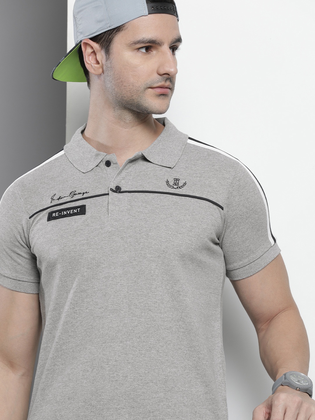 

The Indian Garage Co Men Grey Solid Polo Collar Applique Detail Slim Fit T-shirt