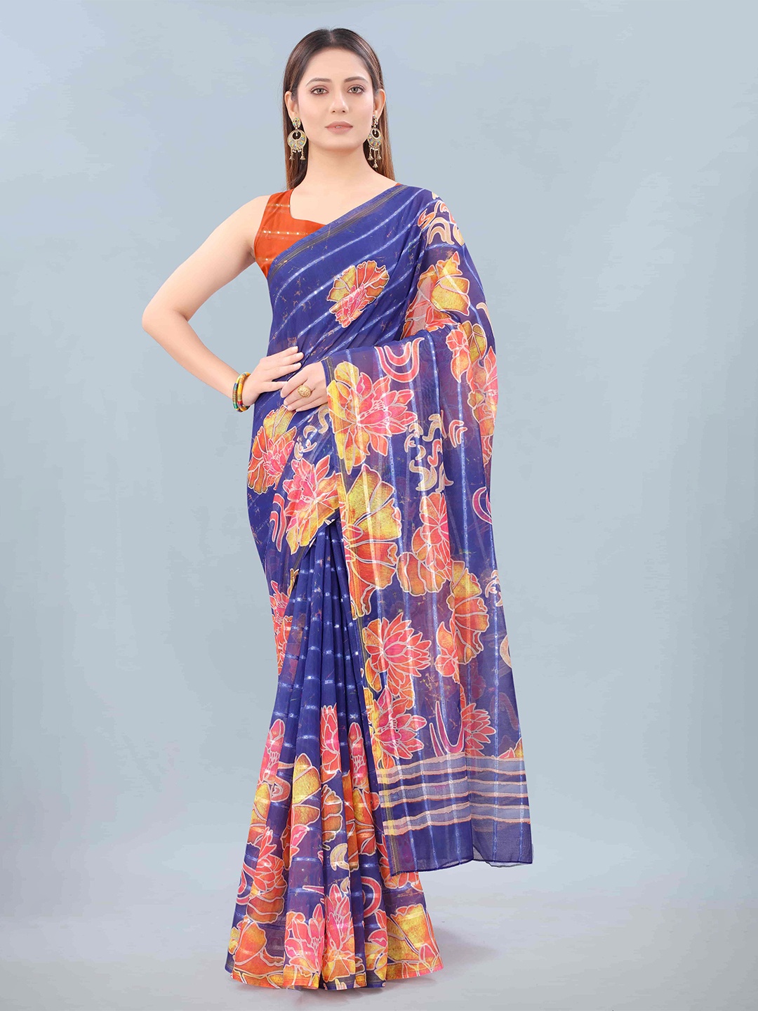 

Silk Land Blue & Orange Floral Sequinned Silk Cotton Chanderi Saree