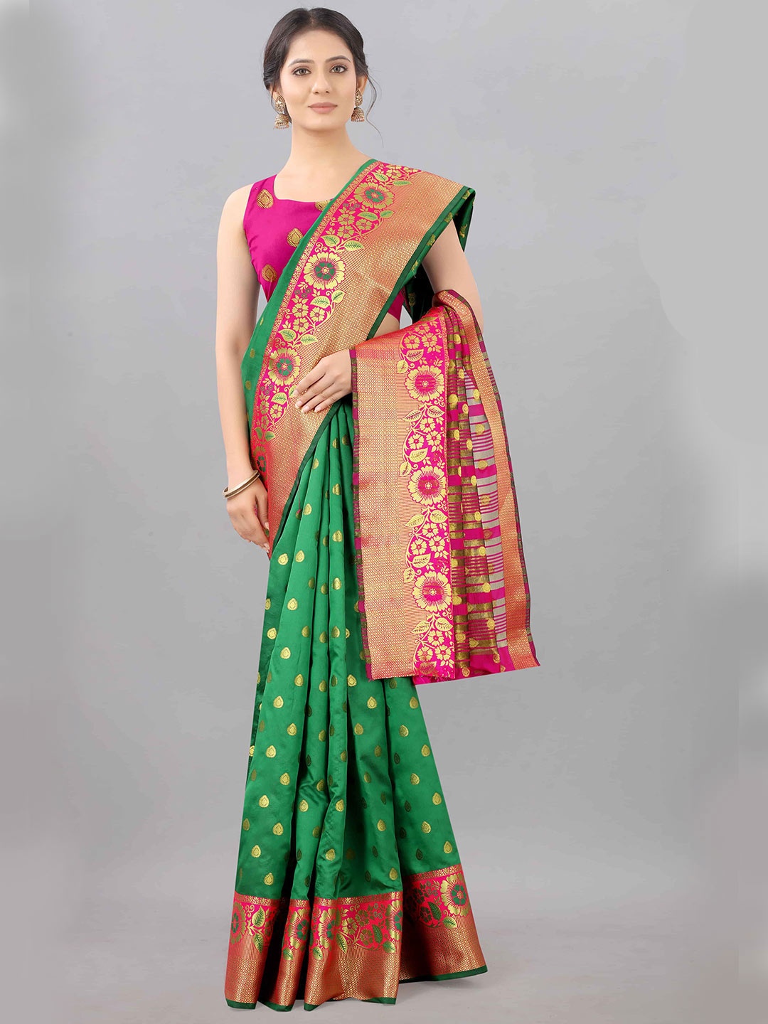 

Silk Land Green & Pink Floral Zari Banarasi Saree