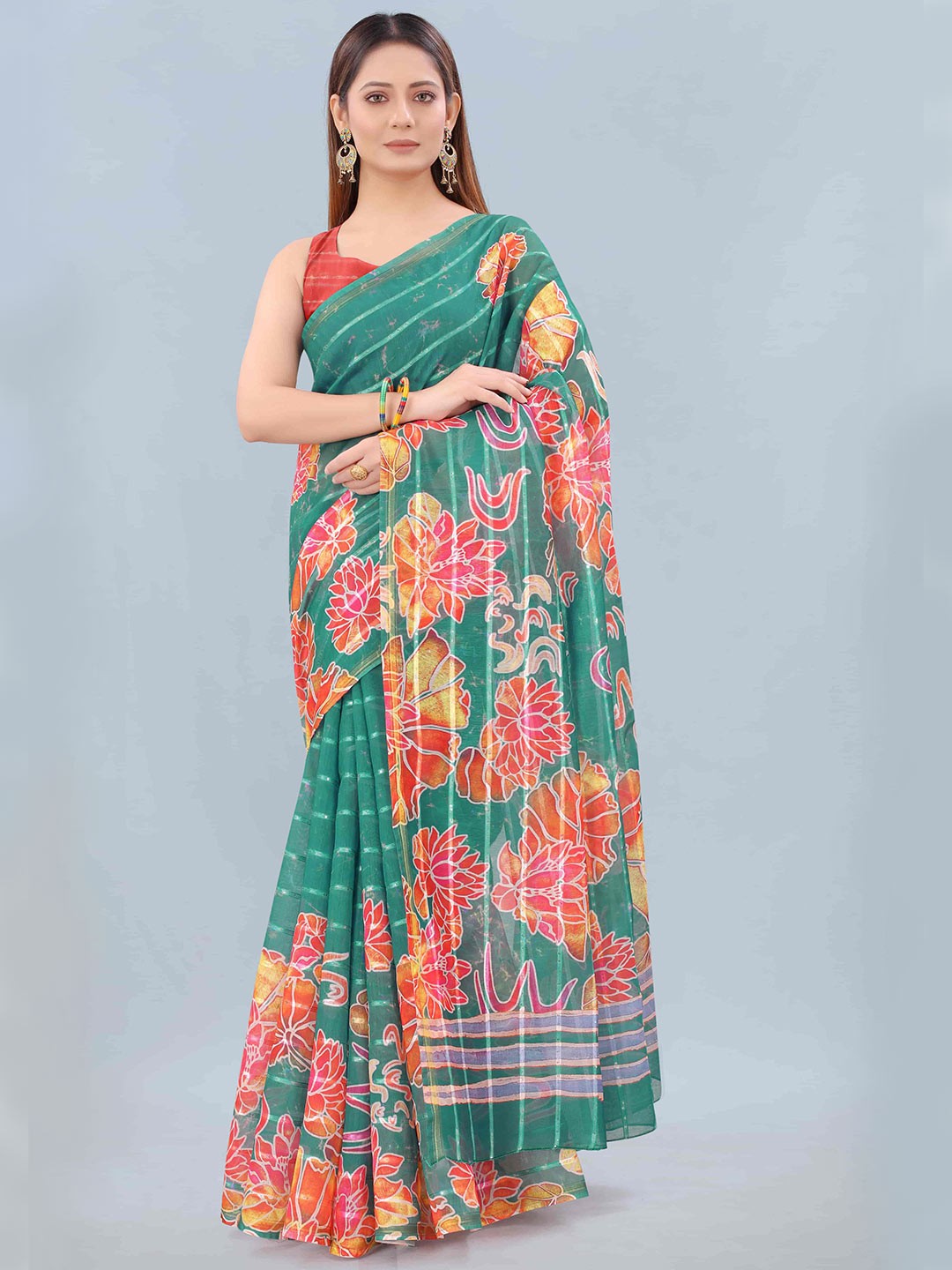 

Silk Land Sea Green & Pink Floral Sequinned Silk Cotton Chanderi Saree
